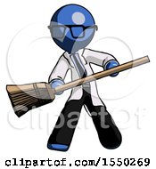Blue Doctor Scientist Man Broom Fighter Defense Pose