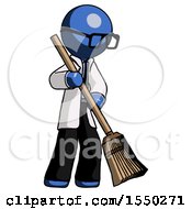 Poster, Art Print Of Blue Doctor Scientist Man Sweeping Area With Broom