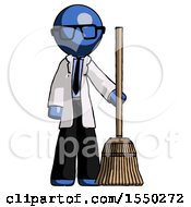 Blue Doctor Scientist Man Standing With Broom Cleaning Services