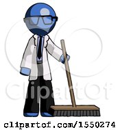 Blue Doctor Scientist Man Standing With Industrial Broom