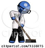 Poster, Art Print Of Blue Doctor Scientist Man Cleaning Services Janitor Sweeping Side View