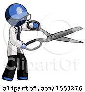 Poster, Art Print Of Blue Doctor Scientist Man Holding Giant Scissors Cutting Out Something