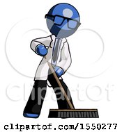 Poster, Art Print Of Blue Doctor Scientist Man Cleaning Services Janitor Sweeping Floor With Push Broom