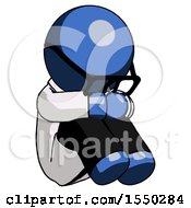 Blue Doctor Scientist Man Sitting With Head Down Facing Angle Right