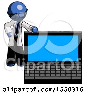 Poster, Art Print Of Blue Doctor Scientist Man Beside Large Laptop Computer Leaning Against It