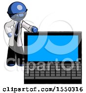 Blue Doctor Scientist Man Beside Large Laptop Computer Leaning Against It