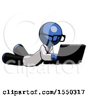 Poster, Art Print Of Blue Doctor Scientist Man Using Laptop Computer While Lying On Floor Side Angled View