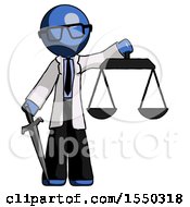 Poster, Art Print Of Blue Doctor Scientist Man Justice Concept With Scales And Sword Justicia Derived