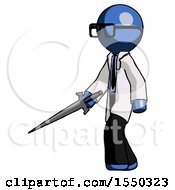 Poster, Art Print Of Blue Doctor Scientist Man With Sword Walking Confidently