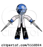 Poster, Art Print Of Blue Doctor Scientist Man Two Sword Defense Pose