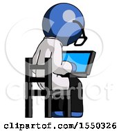 Poster, Art Print Of Blue Doctor Scientist Man Using Laptop Computer While Sitting In Chair View From Back