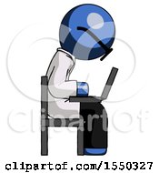 Blue Doctor Scientist Man Using Laptop Computer While Sitting In Chair View From Side