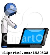 Poster, Art Print Of Blue Doctor Scientist Man Using Large Laptop Computer Side Orthographic View