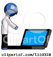 Blue Doctor Scientist Man Using Large Laptop Computer Side Orthographic View