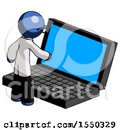 Blue Doctor Scientist Man Using Large Laptop Computer