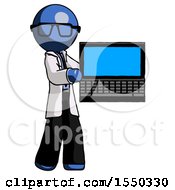 Blue Doctor Scientist Man Holding Laptop Computer Presenting Something On Screen