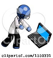 Blue Doctor Scientist Man Throwing Laptop Computer In Frustration
