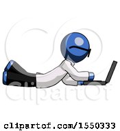 Poster, Art Print Of Blue Doctor Scientist Man Using Laptop Computer While Lying On Floor Side View