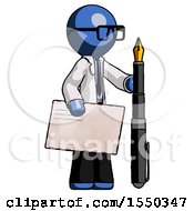 Poster, Art Print Of Blue Doctor Scientist Man Holding Large Envelope And Calligraphy Pen