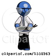 Blue Doctor Scientist Man Serving Or Presenting Noodles