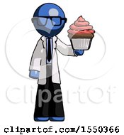 Blue Doctor Scientist Man Presenting Pink Cupcake To Viewer