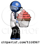 Poster, Art Print Of Blue Doctor Scientist Man Holding Large Cupcake Ready To Eat Or Serve