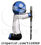 Poster, Art Print Of Blue Doctor Scientist Man Kneeling With Ninja Sword Katana Showing Respect