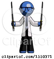 Blue Doctor Scientist Man Posing With Two Ninja Sword Katanas Up