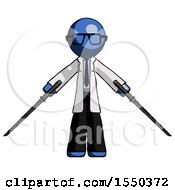 Blue Doctor Scientist Man Posing With Two Ninja Sword Katanas
