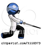 Blue Doctor Scientist Man With Ninja Sword Katana Slicing Or Striking Something