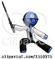 Blue Doctor Scientist Man With Ninja Sword Katana In Defense Pose
