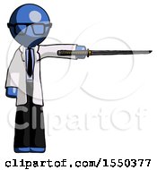 Blue Doctor Scientist Man Standing With Ninja Sword Katana Pointing Right