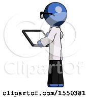 Poster, Art Print Of Blue Doctor Scientist Man Looking At Tablet Device Computer With Back To Viewer