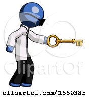 Poster, Art Print Of Blue Doctor Scientist Man With Big Key Of Gold Opening Something