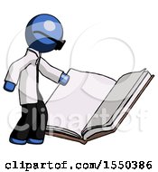 Blue Doctor Scientist Man Reading Big Book While Standing Beside It