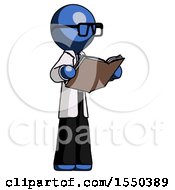Blue Doctor Scientist Man Reading Book While Standing Up Facing Away