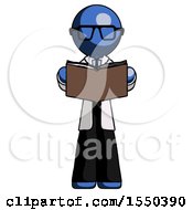 Blue Doctor Scientist Man Reading Book While Standing Up Facing Viewer