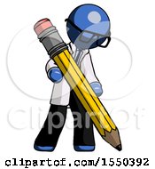 Poster, Art Print Of Blue Doctor Scientist Man Writing With Large Pencil
