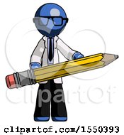 Poster, Art Print Of Blue Doctor Scientist Man Writer Or Blogger Holding Large Pencil