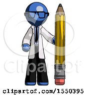 Poster, Art Print Of Blue Doctor Scientist Man With Large Pencil Standing Ready To Write