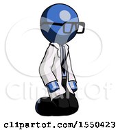 Blue Doctor Scientist Man Kneeling Angle View Right