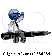 Blue Doctor Scientist Man Riding A Pen Like A Giant Rocket