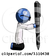 Blue Doctor Scientist Man Posing With Giant Pen In Powerful Yet Awkward Manner