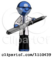 Blue Doctor Scientist Man Posing Confidently With Giant Pen