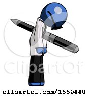 Blue Doctor Scientist Man Impaled Through Chest With Giant Pen