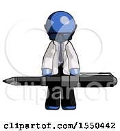 Poster, Art Print Of Blue Doctor Scientist Man Weightlifting A Giant Pen
