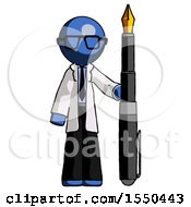 Poster, Art Print Of Blue Doctor Scientist Man Holding Giant Calligraphy Pen