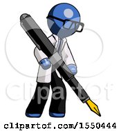 Poster, Art Print Of Blue Doctor Scientist Man Drawing Or Writing With Large Calligraphy Pen