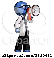 Blue Doctor Scientist Man Shouting Into Megaphone Bullhorn Facing Right