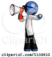 Poster, Art Print Of Blue Doctor Scientist Man Shouting Into Megaphone Bullhorn Facing Left